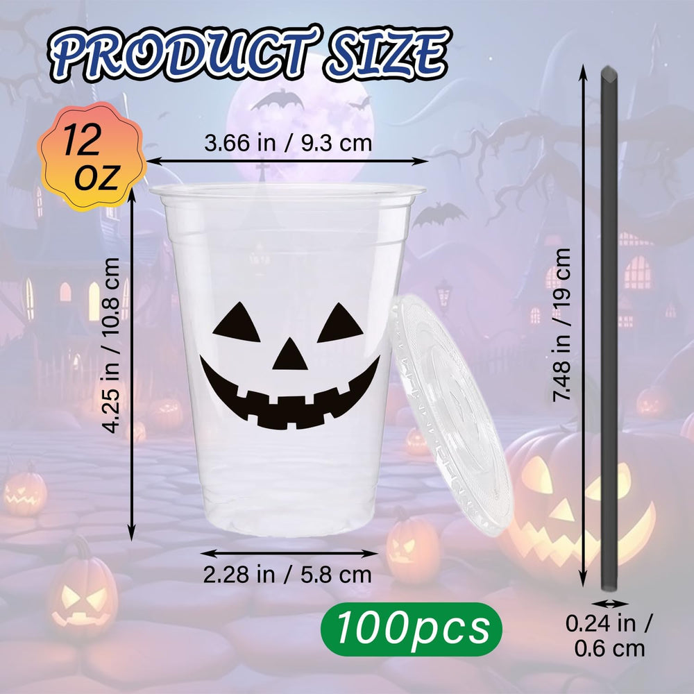 100pcs 12oz Halloween Disposable Plastic Party Cups with Lids & Straws Bulk