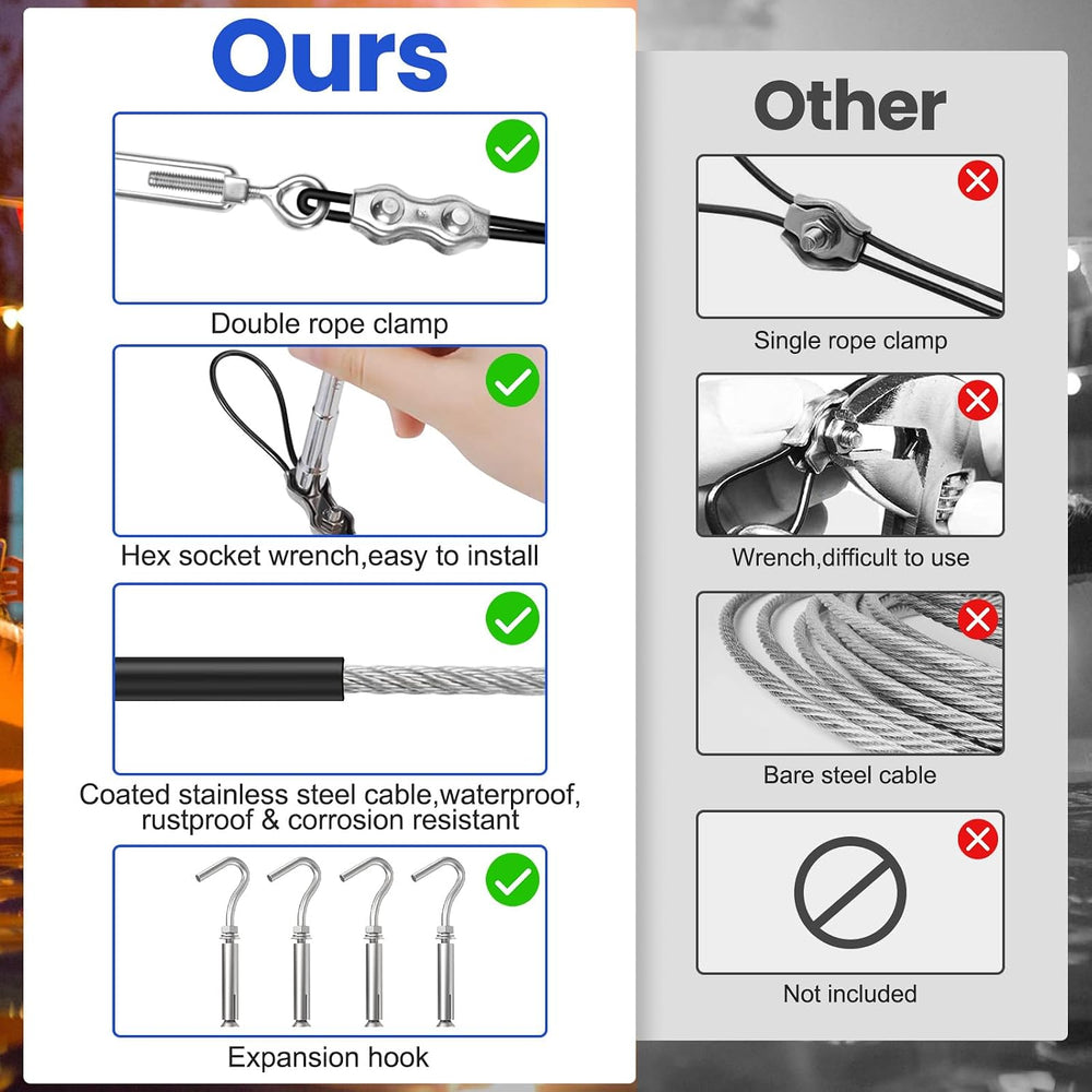 BLIKA String Light Hanging Kits, 400FT Coated Stainless Steel 304 Wire Rope, ...