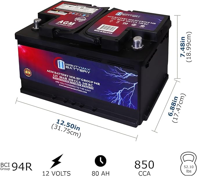 Mighty Max Battery MM-H7 Start and Stop Car BCI Group Size 94R 12V 80AH