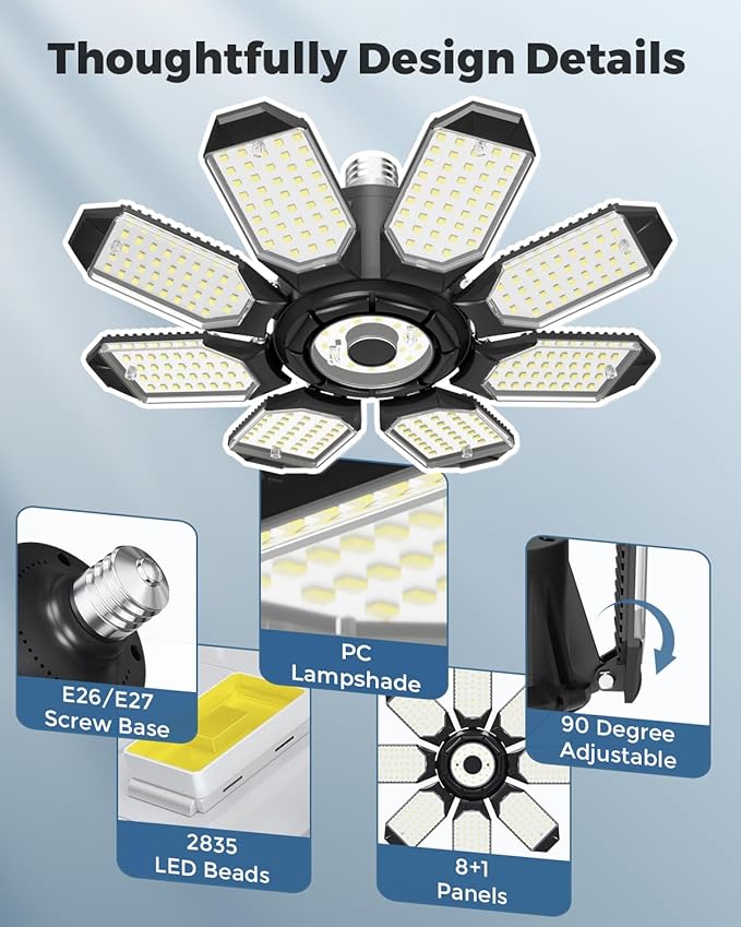 Adiding LED Garage Ceiling Lights 2 Pack w/ 8+1 Adjustable Panel, Super Bright