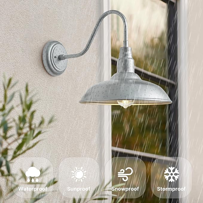 10'' Dome Outdoor Gooseneck Barn Light, Galvanized Steel Exterior Wal...