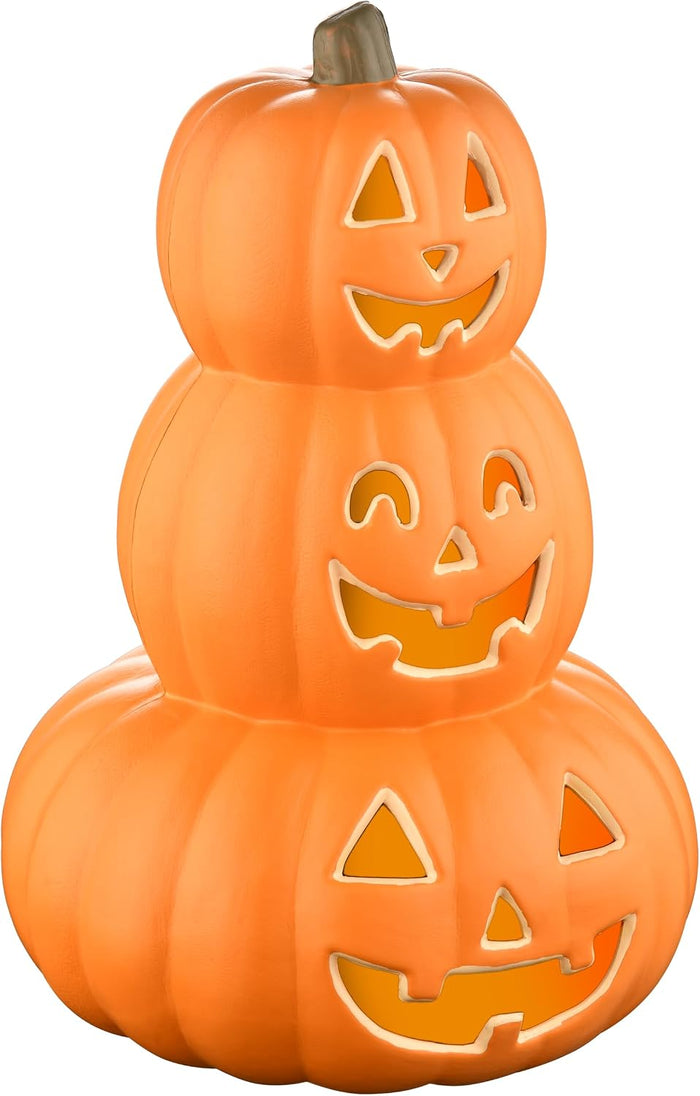 Evelyne Stacked Jack-O’-Lantern Pumpkin Decoration – 3-Tier Light-Up Halloween Gourd HDPE Plastic – Indoor/Outdoor Fall Decor with Happy Ghost Faces – Cute Pumpkin Tower for Porch Tabletop