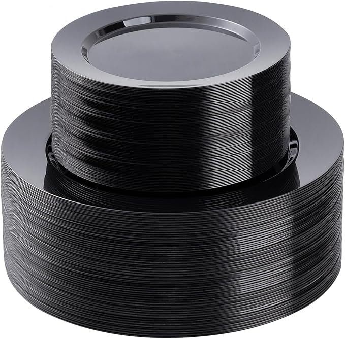 100PCS Black Plastic Plates Set, 50 10.25 inch Dinner Plates and 50 7.5 inch ...