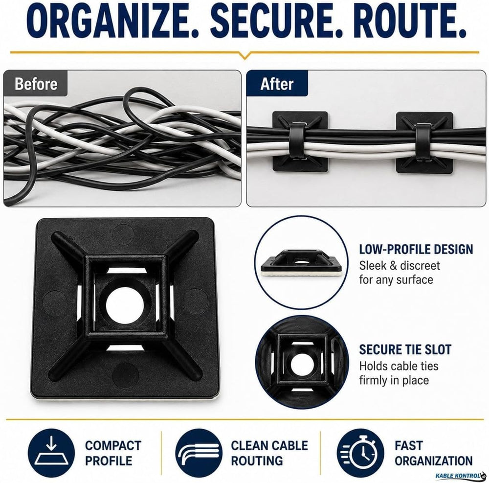 Kable Kontrol Zip Tie Mounts, 1” Black, 5500 Pcs Adhesive Backed