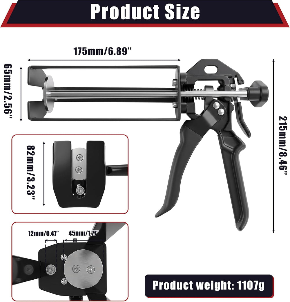 250ml Dual Cartridge Adhesive Dispenser Gun 10:1 Mix Ratio Black