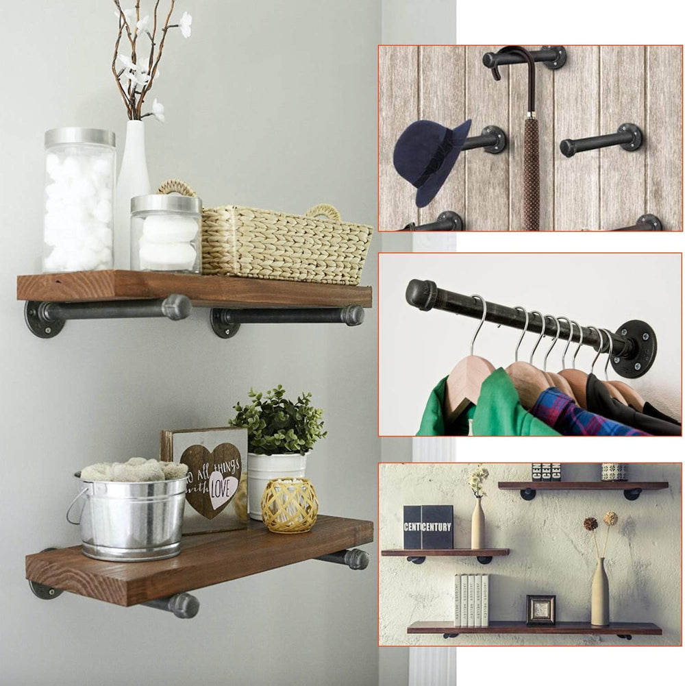 1/2" Industrial Black Iron Pipe Shelf Brackets, Rustic Wall Mounted DIY ...
