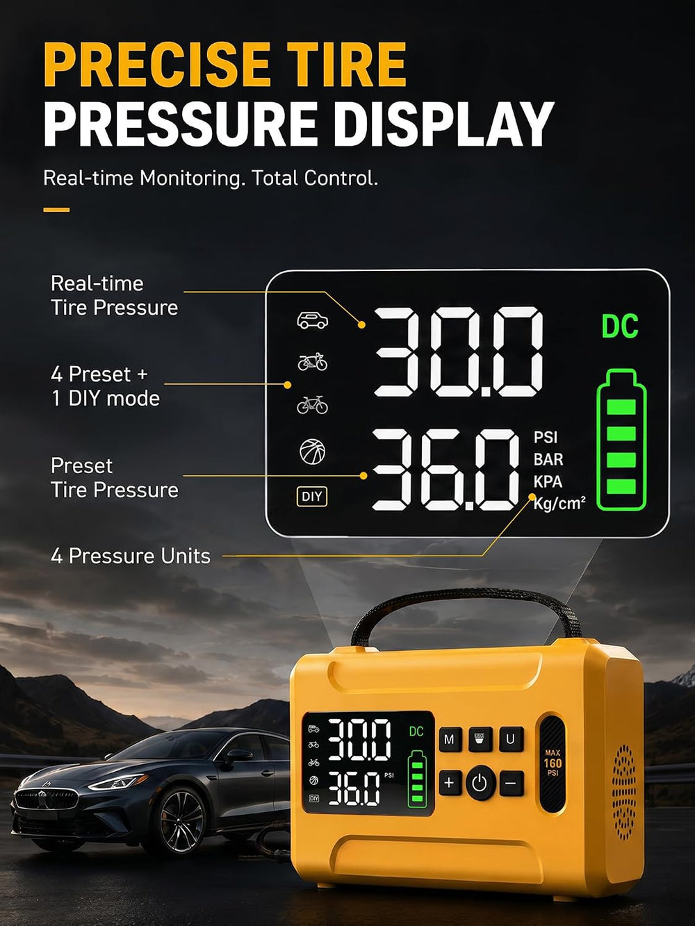 Tire Inflator Portable Air Compressor 160 PSI Air Pump for Cars 8000 mAh &amp...