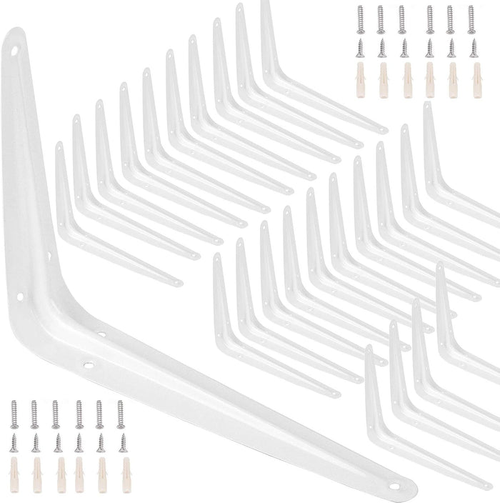 24 Packs 12 x 10 Inch White Shelf Brackets, Heavy-Duty Metal Steel Corner Brackets Equipped with 144 Screw &72 Tubes L-Bracket Supports for Wall Hanging Shelves Decoration Clapboard Fixation