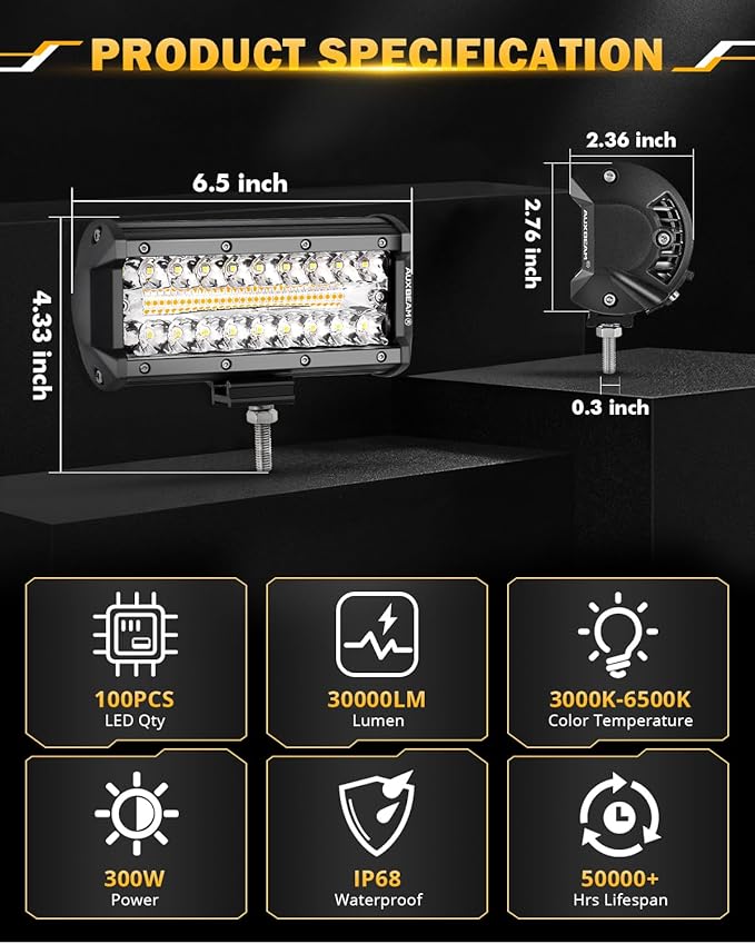 Auxbeam 7 Inch 300W LED Light Bar, 6 Modes Strobe Amber Pod Lights Yellow Fog
