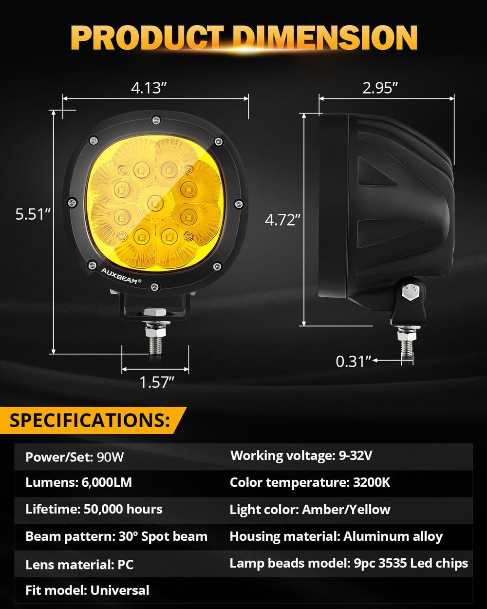 Auxbeam 4In 90W Amber Round LED Off-Road Lights Spot Pod Light, P4 Series
