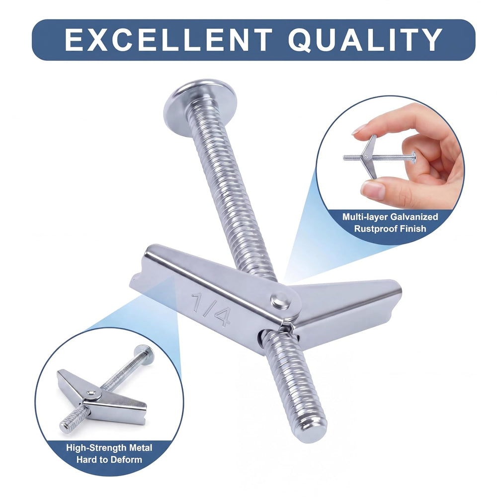 100-Pack 1/4" x 4" Toggle Bolts, Heavy Duty Spring Toggle Anchors f...