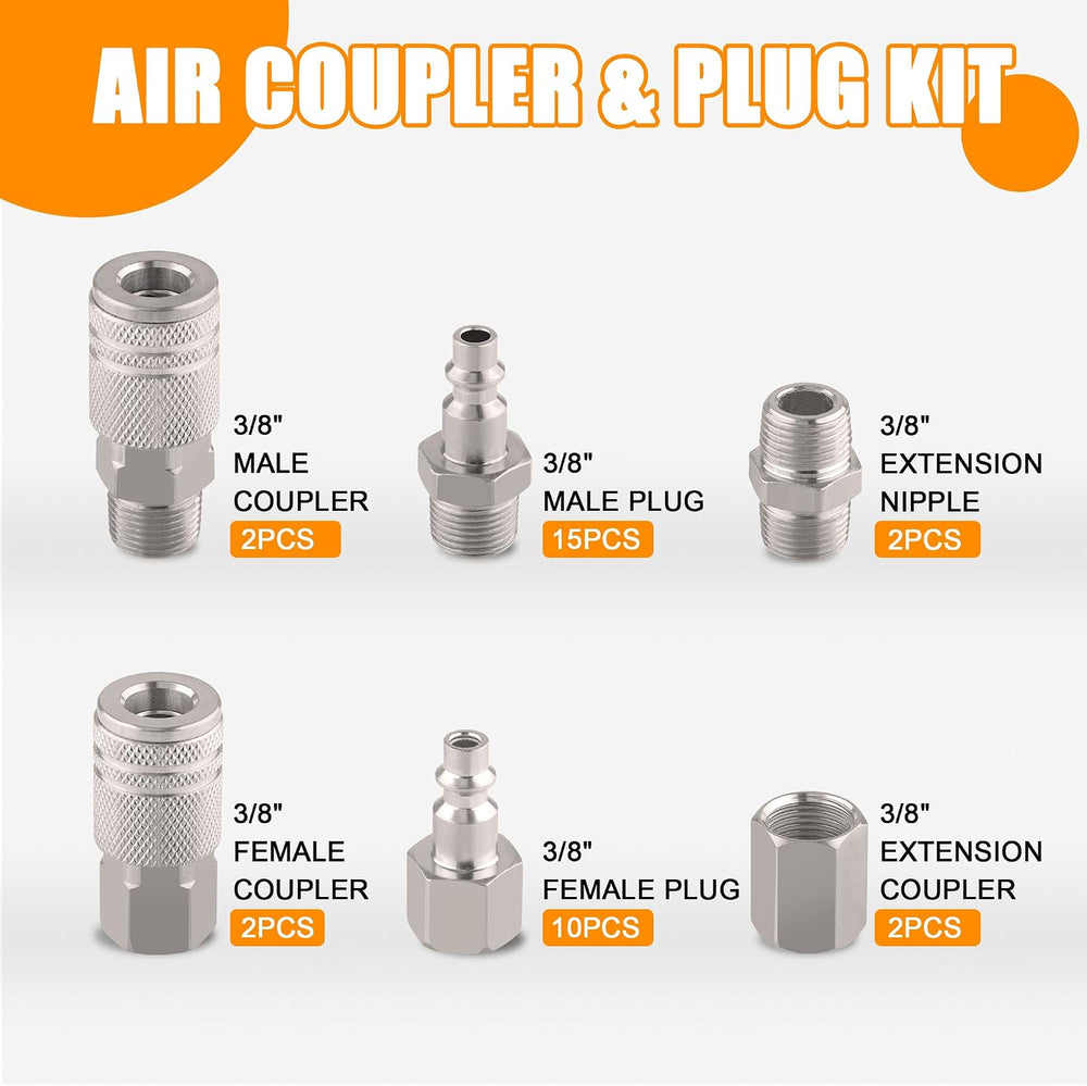 34 PCS Air Coupler & Plug Kit,1/4 Inch Body Size x 3/8 Inch Male