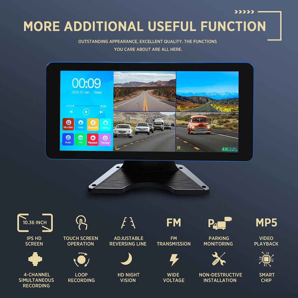 ASLONG 4K Backup Camera 4CH Dash Cam with 10.36" Quad Split Touch Screen