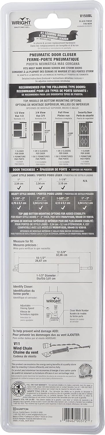 Wright Products V150BL Heavy Duty Pneumatic Closer, Black & Prime-Line K ...