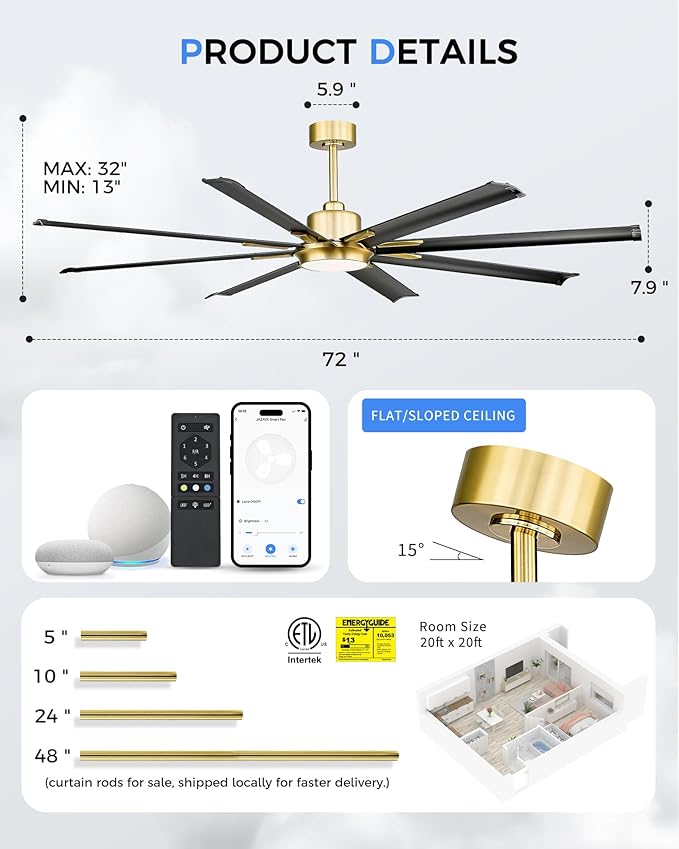 Industrial Ceiling Fan With Light, 72 Inch Black & Gold Ceiling Fan With 8