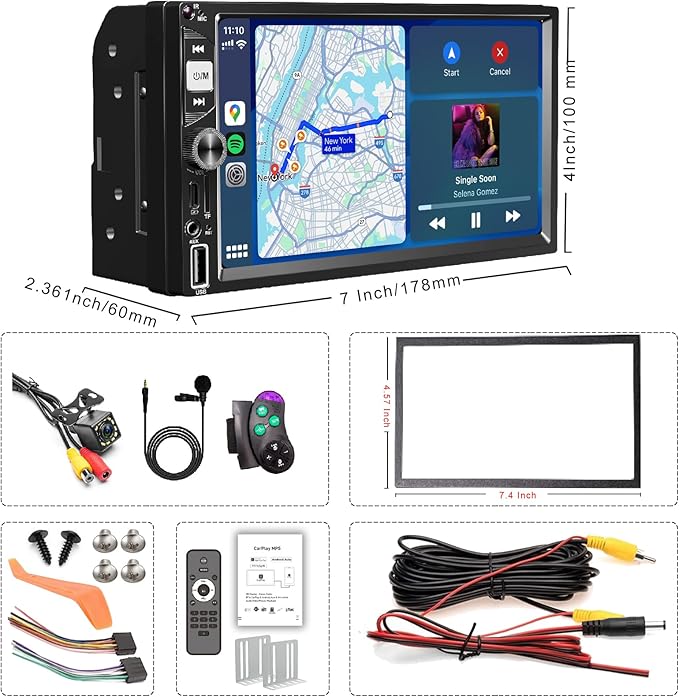 7” Wireless Apple CarPlay Double Din Car Stereo, FM Car Radio, IPS Touchscreen