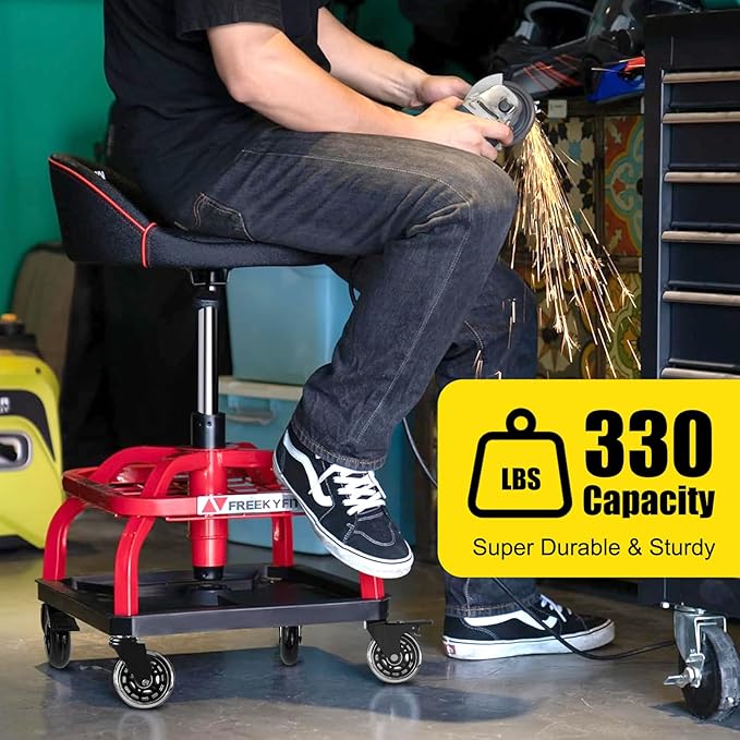 Rolling Shop Stool with Wheels, Garage Work Mechanic Stool with Backrest