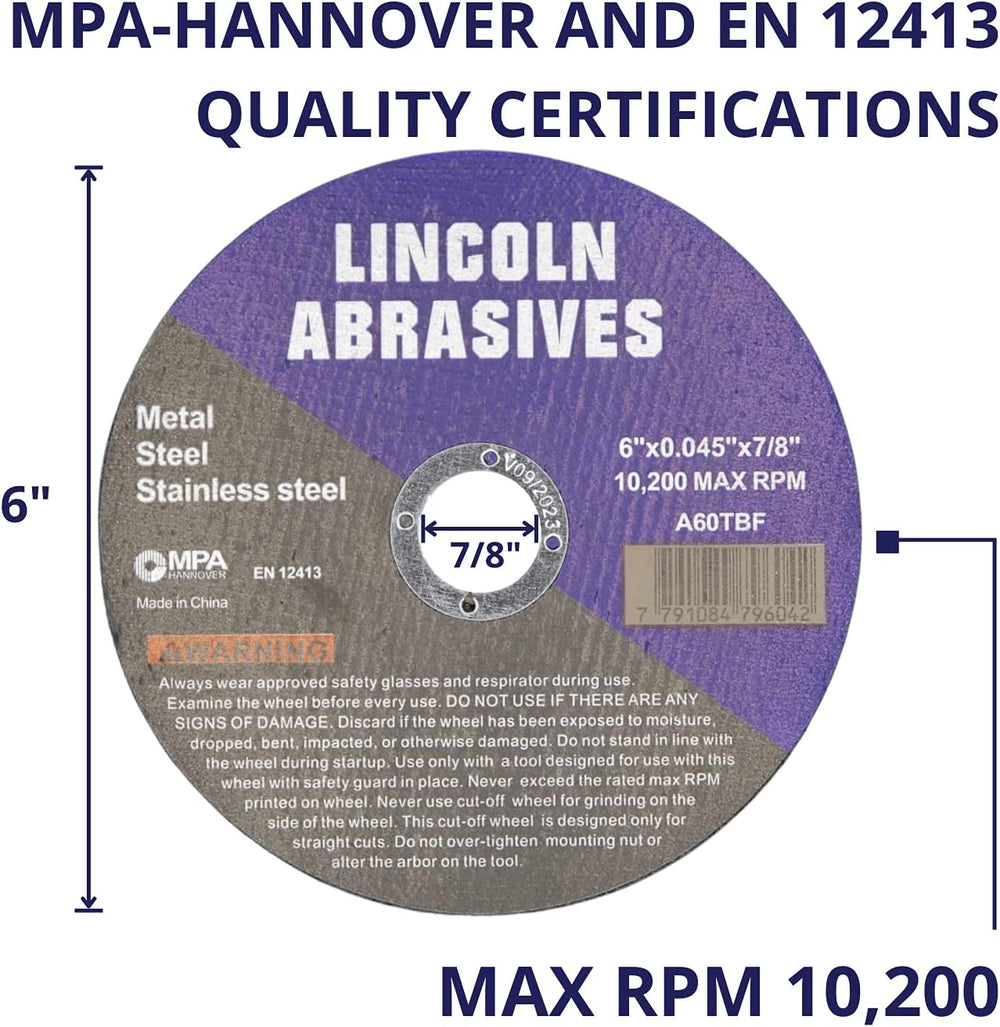 100 Pack 6" Cut-Off Wheels Lincoln Abrasives .045" Metal & Stai...