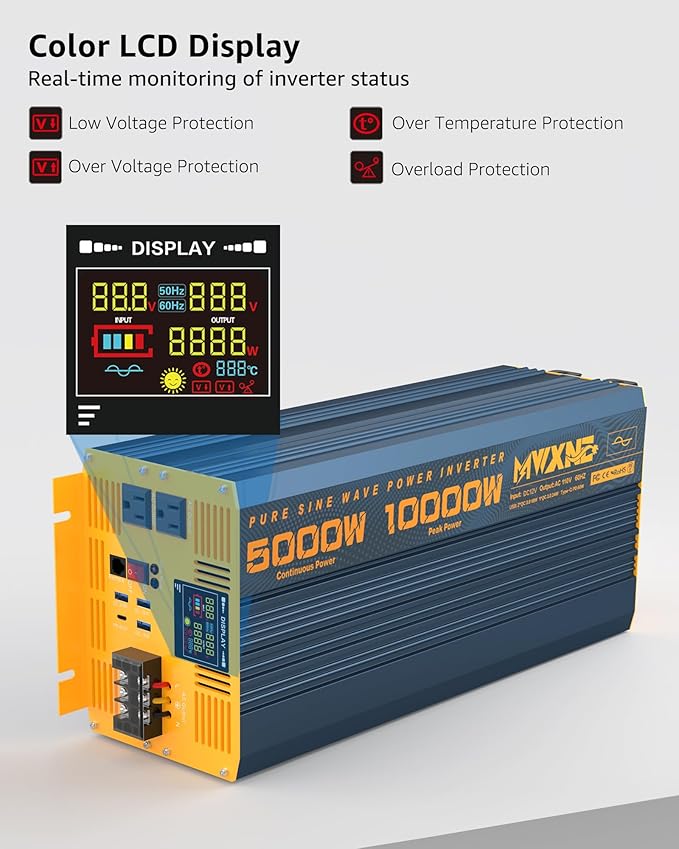 5000 Watt Power Inverter Pure Sine Wave 12V DC to 110V 120V 10000W Peak Heavy