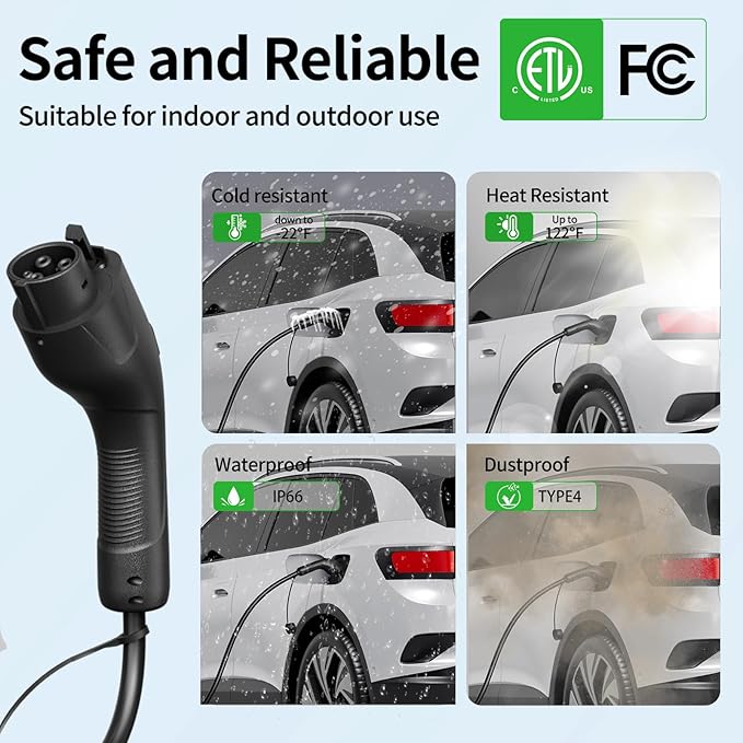 Level 1&2 Portable EV Charger, Adjustable 8-16A 110V-240V, Dual Plugs: NEMA