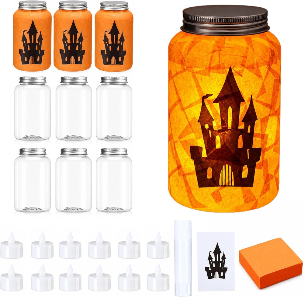 Qinyoung 12 Pcs Halloween Crafts Haunted House Mason Jars with LED Light