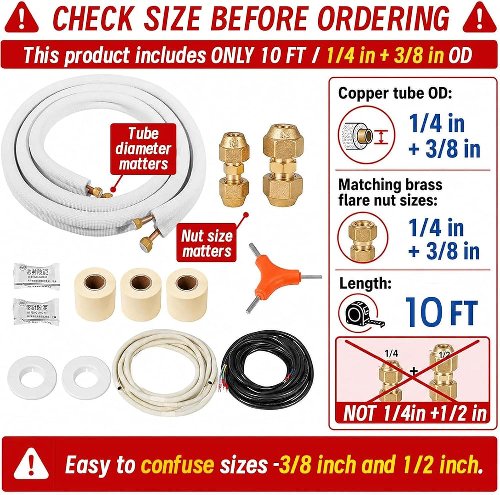10 Ft Mini Split Line Set, 1/4"& 3/8" 0.D. Flared Copper Tubing...