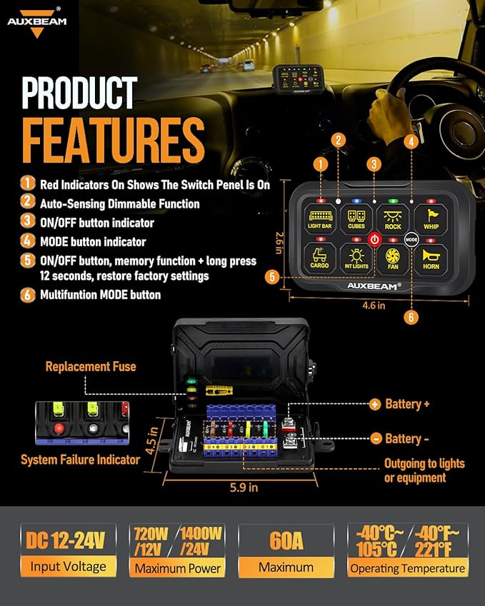 Auxbeam RGB Bluetooth 8 Gang Switch Panel AR-820 Toggle Momentary Pulsed Switch