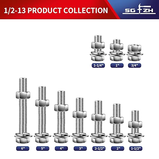 1/2-13 x 4" Hex Head Screw Bolt, Flat & Lock Washers, Fully Threaded...