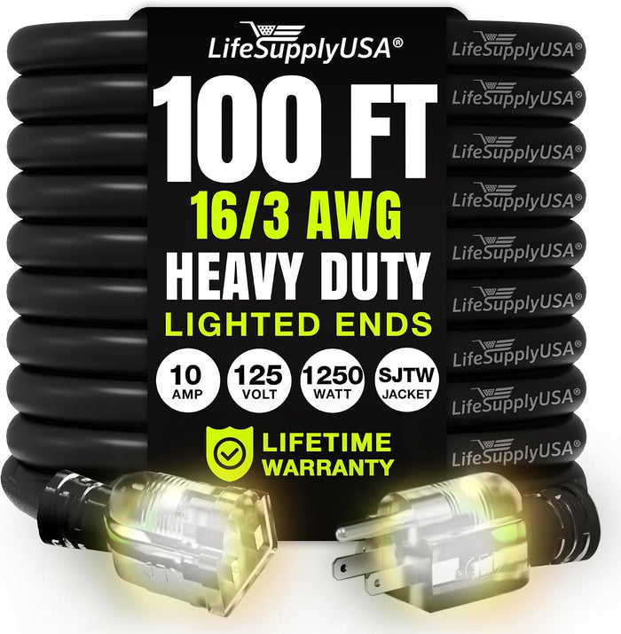 100ft Outdoor/Indoor Extension Cord 16/3 Gauge Heavy Duty 3 Prong SJTW