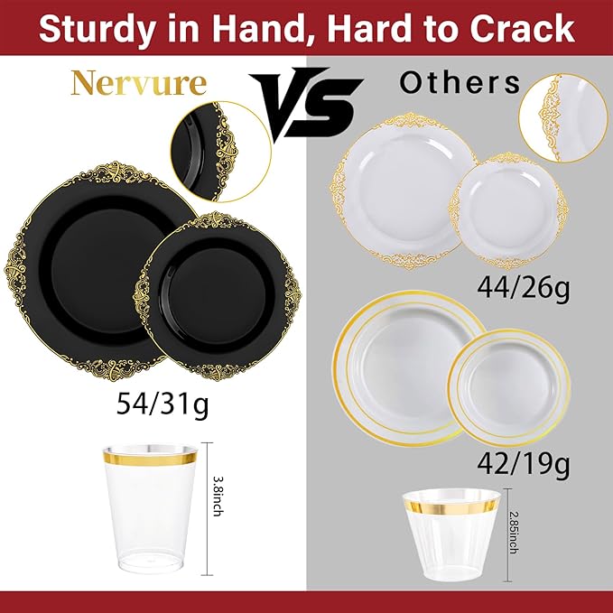 Nervure 350PCS Black Plastic Plates - Black Plastic Dinnerware Sets for 50 Gu...