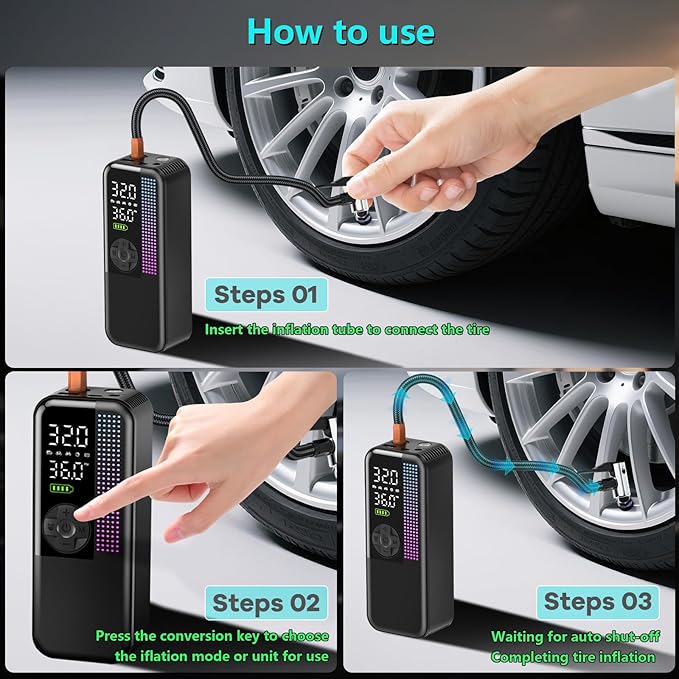 Tire Inflator Portable Air Compressor, 150 PSI Cordless Air Pump, Dual Power
