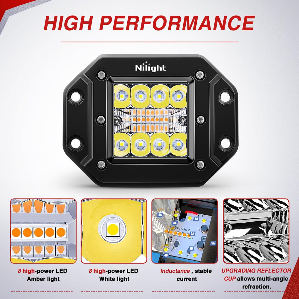 Nilight Flush Mount LED Light Pods 2PCS 42W Amber White 3 Lighting Modes Fog ...