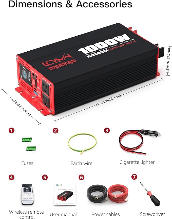 1000 Watts Pure Sine Wave Power Inverter 12V DC to 110V 120V AC Converter