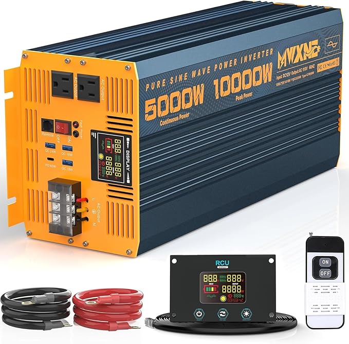 5000 Watt Power Inverter Pure Sine Wave 12V DC to 110V 120V 10000W Peak Heavy