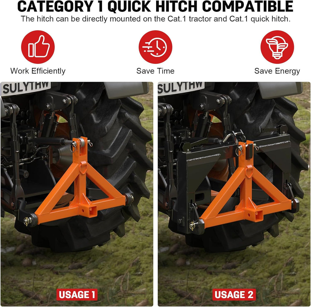 3 Point Trailer Hitch with 2" Receiver for Cat.1 Tractor Quick Hitch Orange