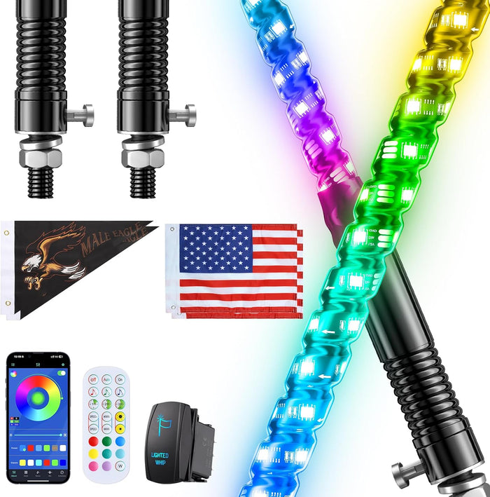 Ehaho 2 PCS 3FT Whip Lights with Spring Base, APP & Remote Control Led Whip Lights for Side by Side, Spiral RGB Chasing Lighted Whips with Rocker Switch, Music Led Whips for UTV ATV RZR SXS Can-Am