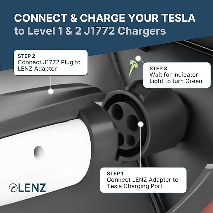 LENZ J1772 Charging Adapter for Tesla Model 3, and Cybertruck, Safety Certified