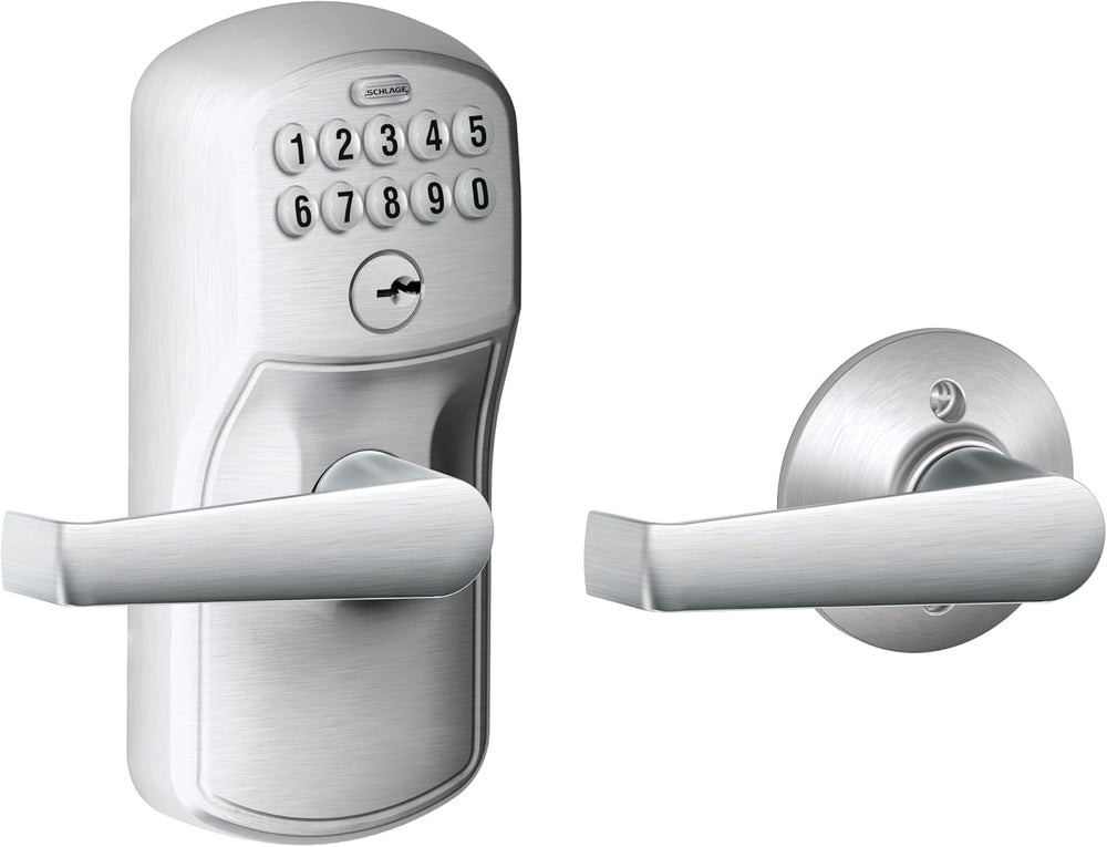 Schlage Electronic Keypad Lock, Lever Handle, Plymouth Trim, Satin Chrome