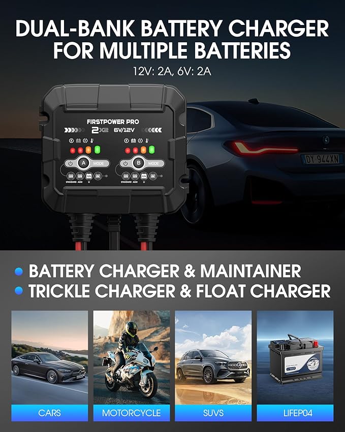 2-Bank, 4A Trickle Charger for Car Battery, 12V 6V Car Battery Charger