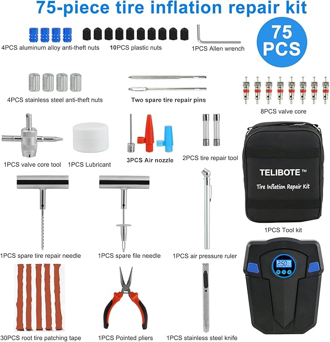 Tire Repair Kit, Tire Inflator Portable Air Compressor, Heavy Duty Flat Tire