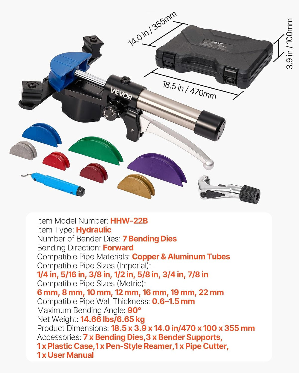 VEVOR Hydraulic Tubing Bender Kit, 1/4 to 7/8 Inch, Copper Tube Pipe Bender, ...