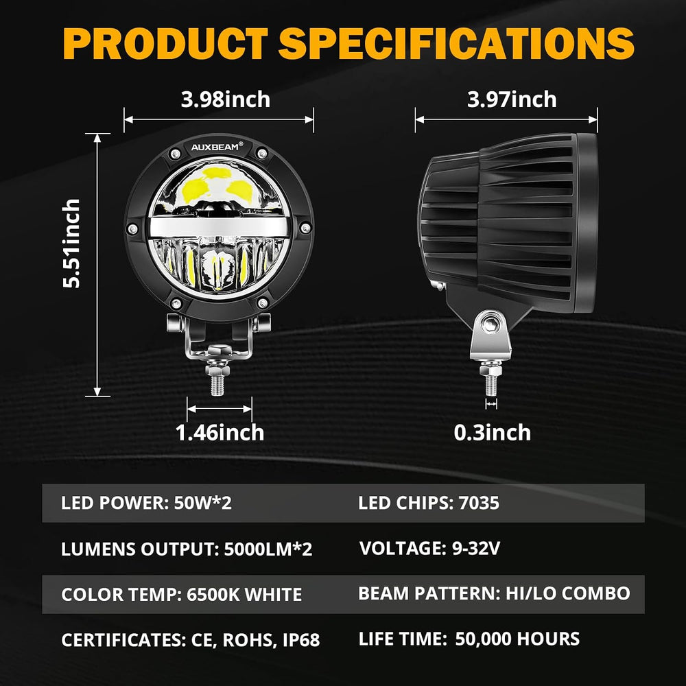 Auxbeam 4'' 100W Offroad Light, C4 Series Driving Pod with Hi/Lo/Comb...