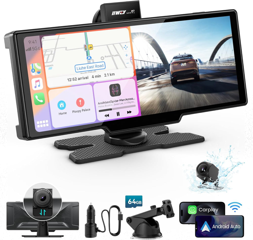 IIWEY iK7 10-Inch Wireless Apple CarPlay Screen, Android Auto, 4K Dash Cam