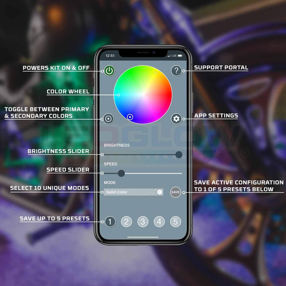 LEDGlow 12pc Bluetooth Advanced Million Color LED Motorcycle Accent Underlow ...