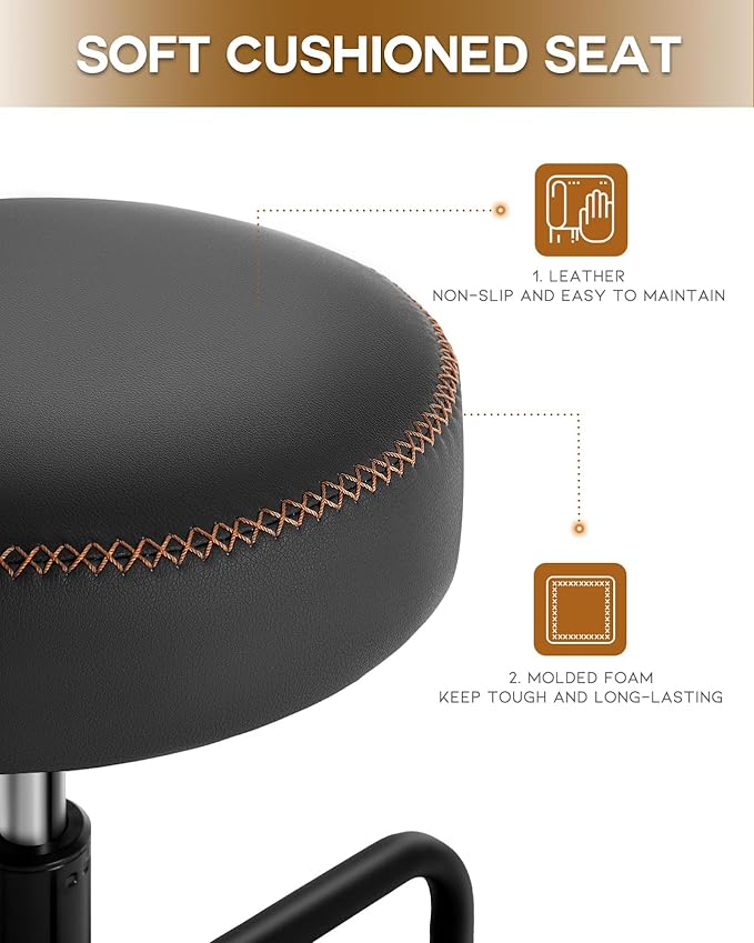 Shop Stool with Lockable Rubber Wheels Adjustable Backrest Tool Tray Storage