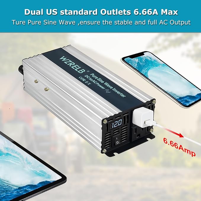 WZRELB 800W Pure Sine Wave Inverter 12V DC to 110V 120V AC Power Converter