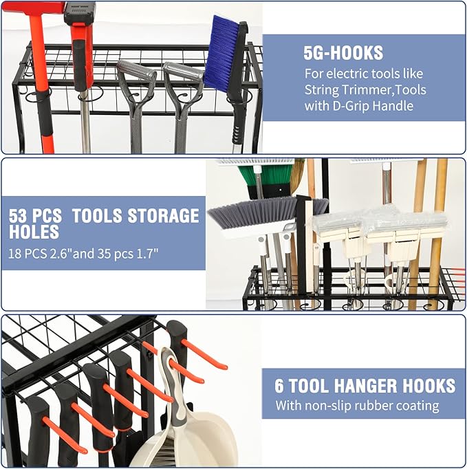 Garden Tool Organizer for Garage, Garden Tool Rack, Yard Tool Holder for Garage