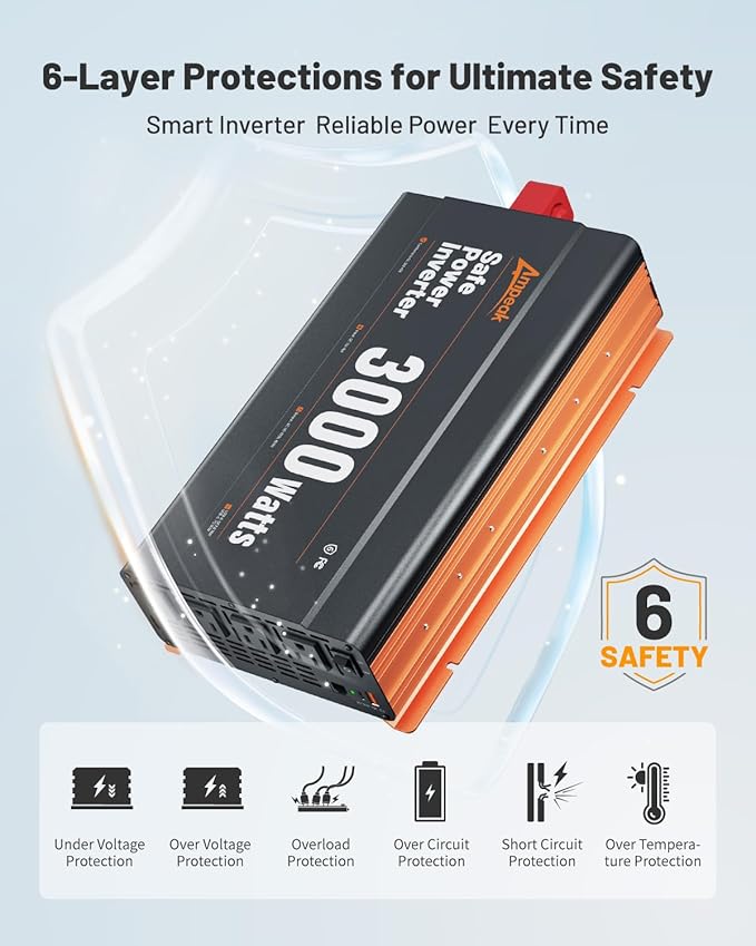 Ampeak 3000W Power Inverter, Inverter 12V to 110V Modified Sine Wave, High