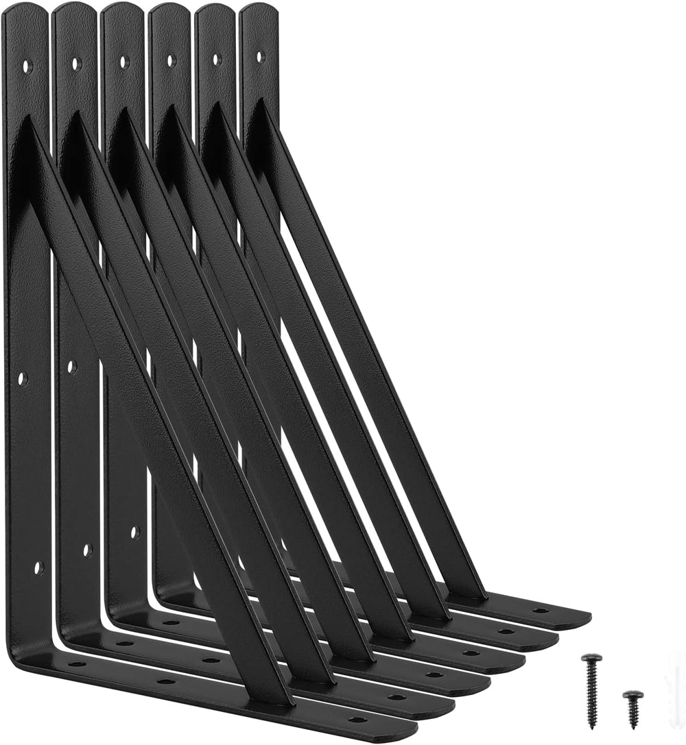 Heavy Duty Shelf Brackets, 12 x 8 Inch Black Metal L Brackets, 6 Pack
