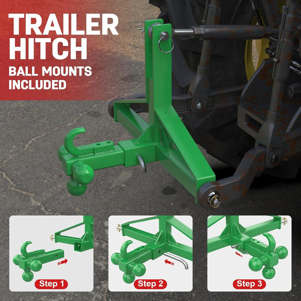 3 Point Trailer Hitch with 2' Receiver&Ball Hitch for Cat.1 Tractors ...